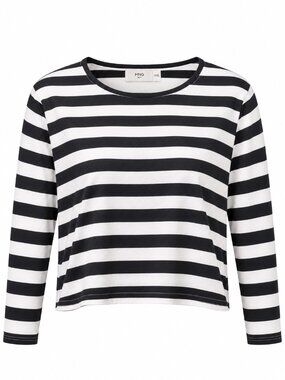 MANGO Striped Crop Top L XL Black White 3/4 Sleeve Preppy Casual Tee MNG Suit